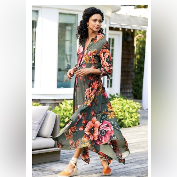 Soft Surroundings Dresses & Skirts - Soft Surroundings Provencia Green Floral Dress Handkerchief Hem Size PL